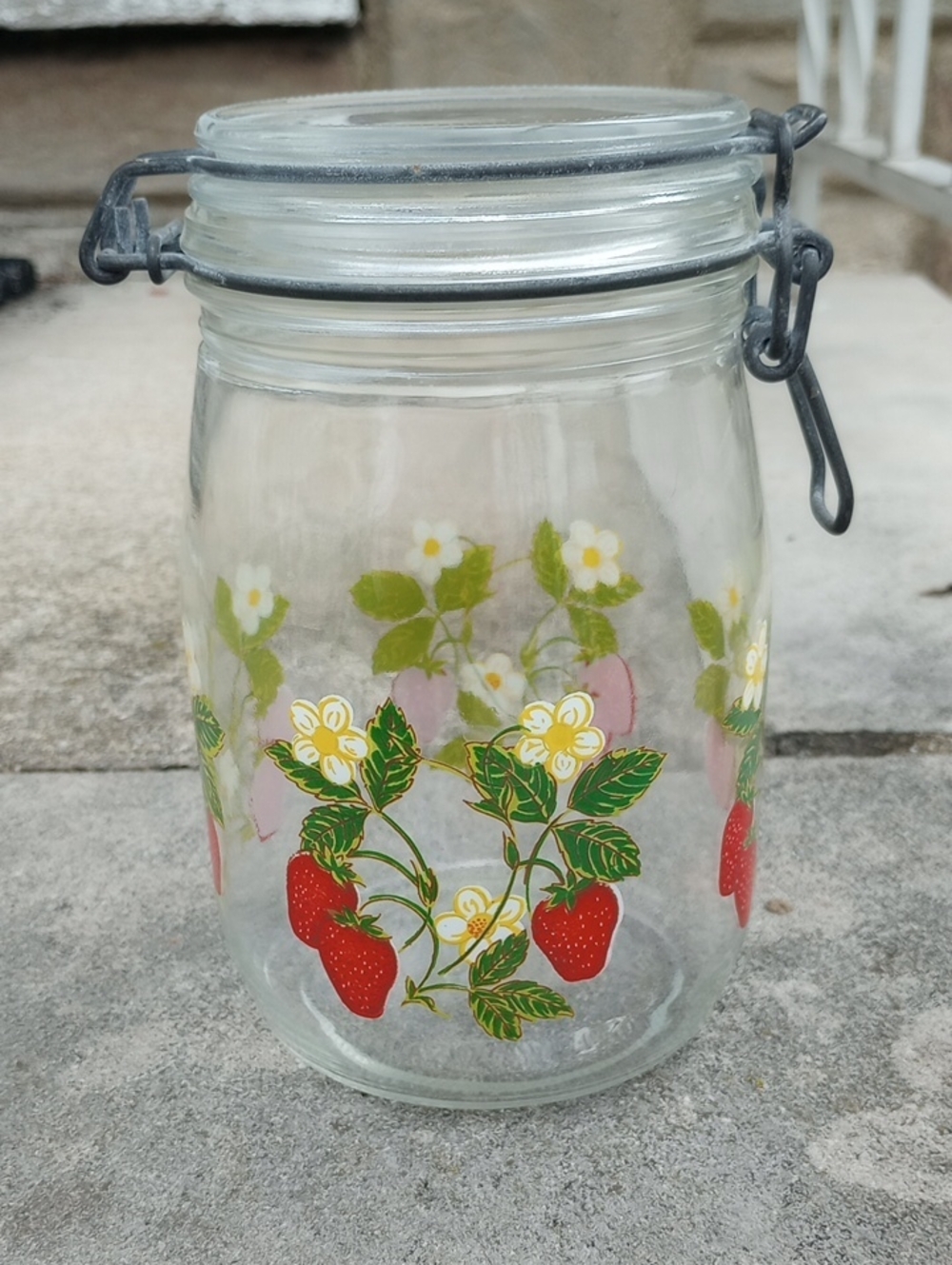 Vintage Glass Strawberry & Floral Round 1 Liter Canister. Red Green White Yellow